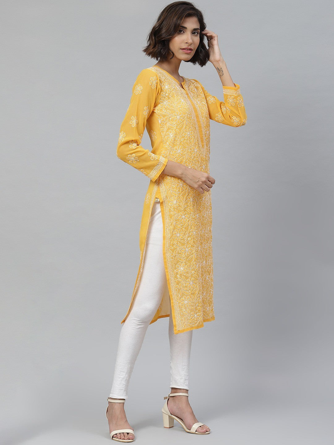 Mustard-Georgettelucknowi-Chikan-Kurta-Only