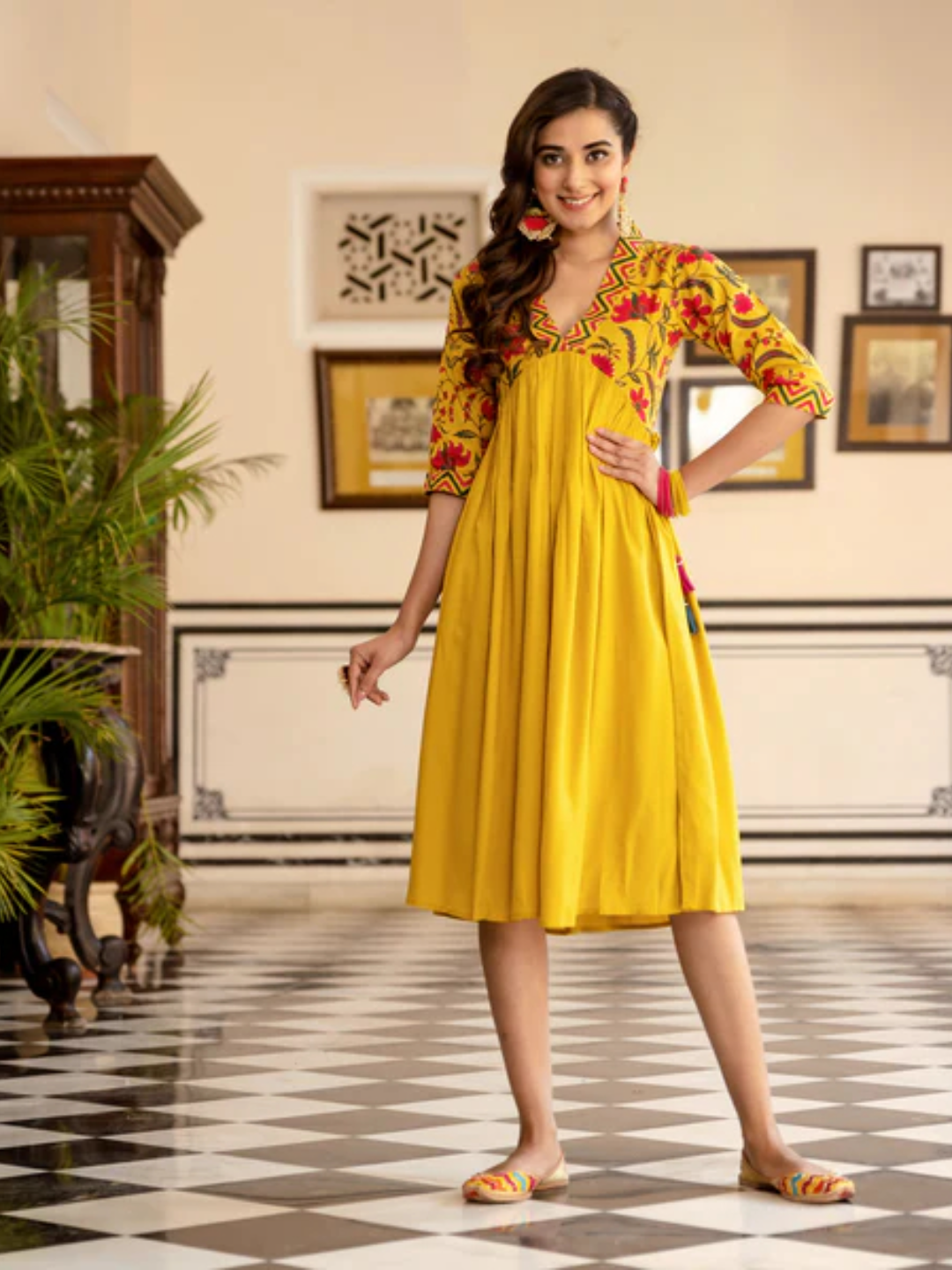 Mustard-V-Neck-Gathered-Dress-With-Tassels