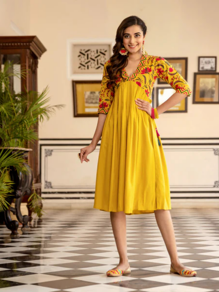 Mustard-V-Neck-Gathered-Dress-With-Tassels