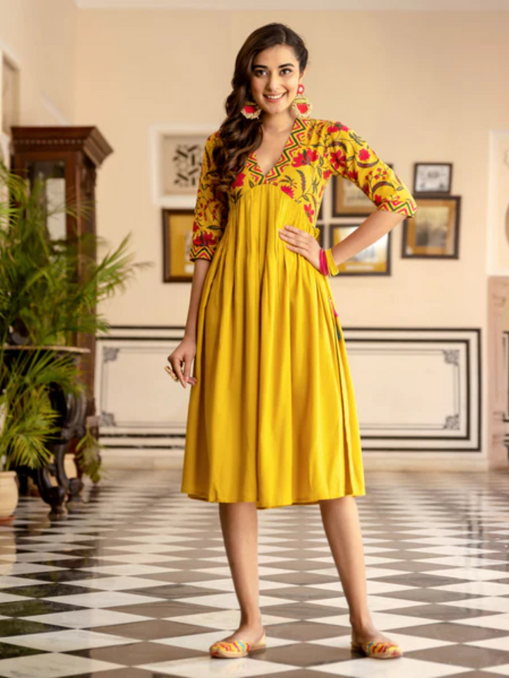 Mustard-V-Neck-Gathered-Dress-With-Tassels