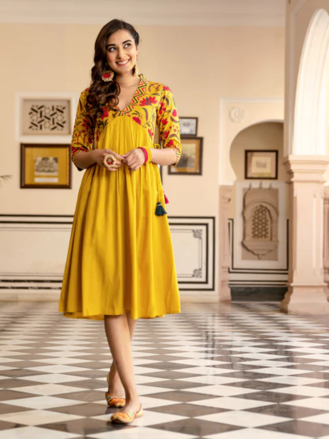 Mustard-V-Neck-Gathered-Dress-With-Tassels
