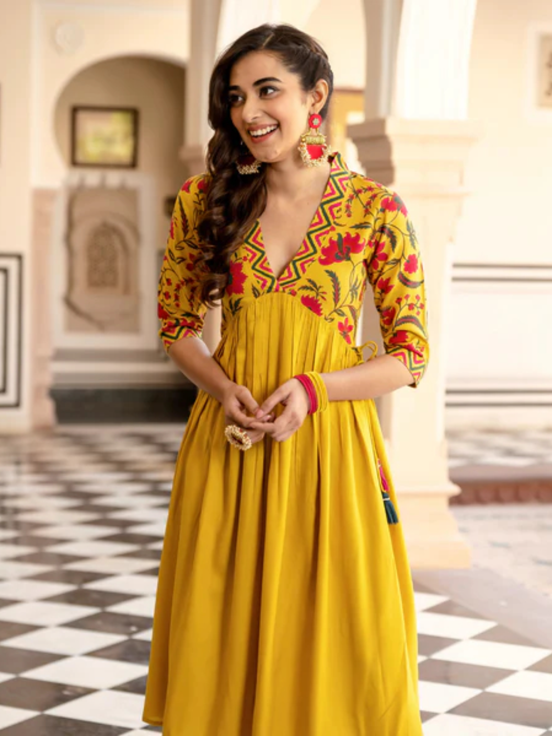Mustard-V-Neck-Gathered-Dress-With-Tassels