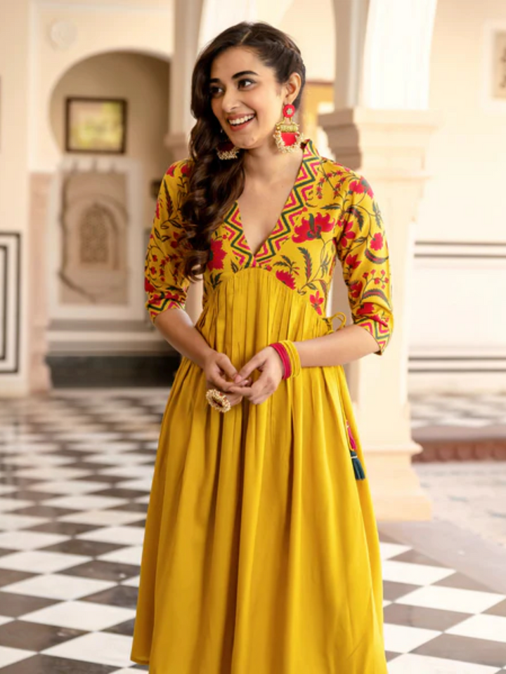 Mustard-V-Neck-Gathered-Dress-With-Tassels