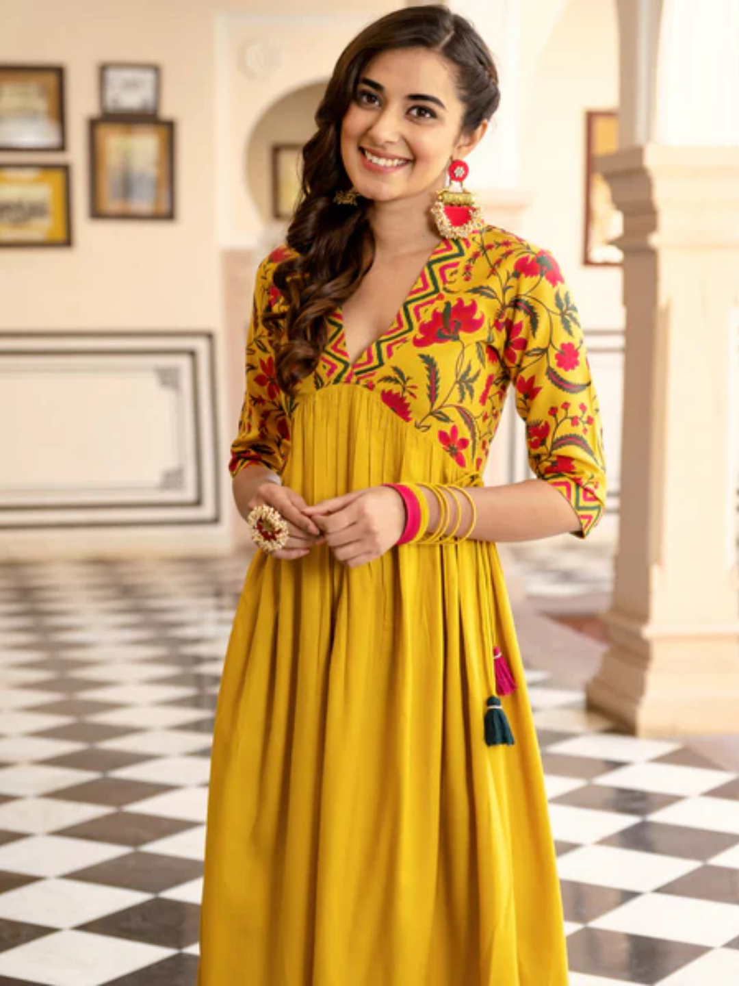 Mustard-V-Neck-Gathered-Dress-With-Tassels