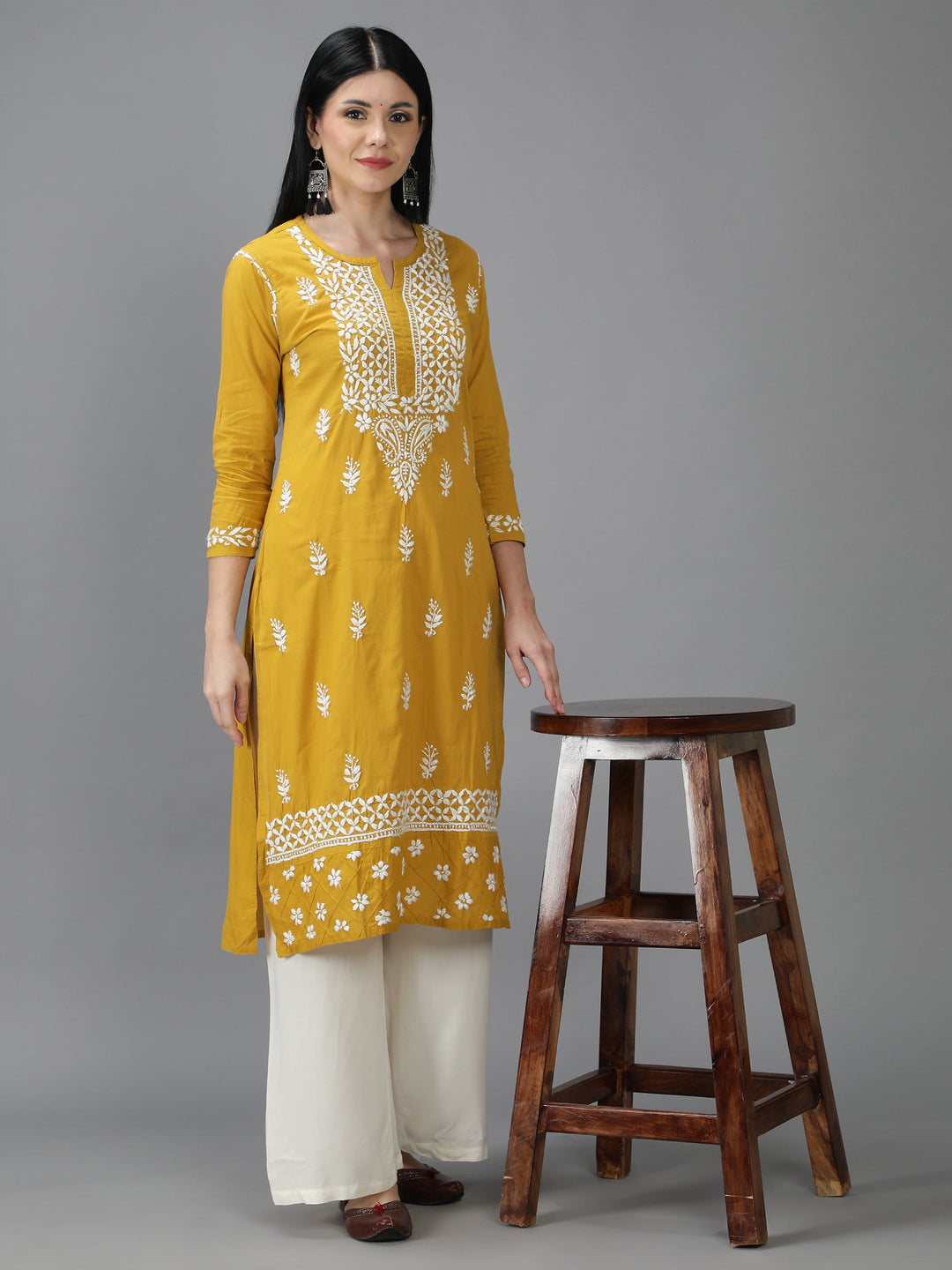 Mustard-&-White-Cotton-Chikan-Straight-Kurta