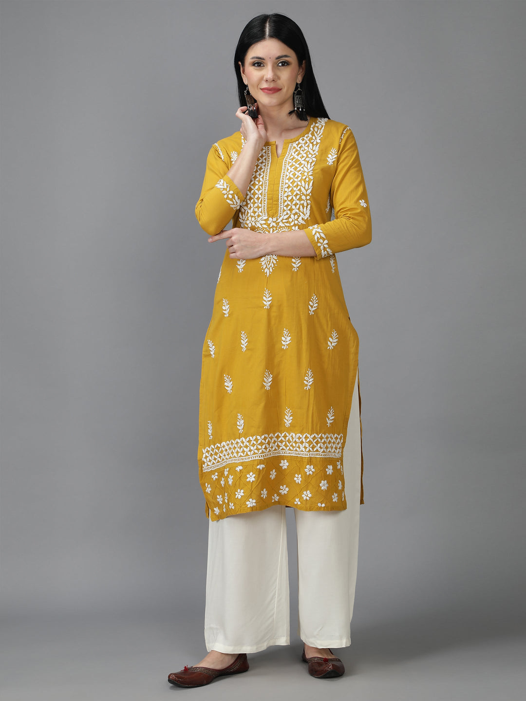 Mustard-&-White-Cotton-Chikan-Straight-Kurta