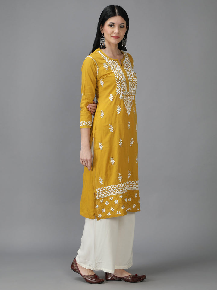 Mustard-&-White-Cotton-Chikan-Straight-Kurta