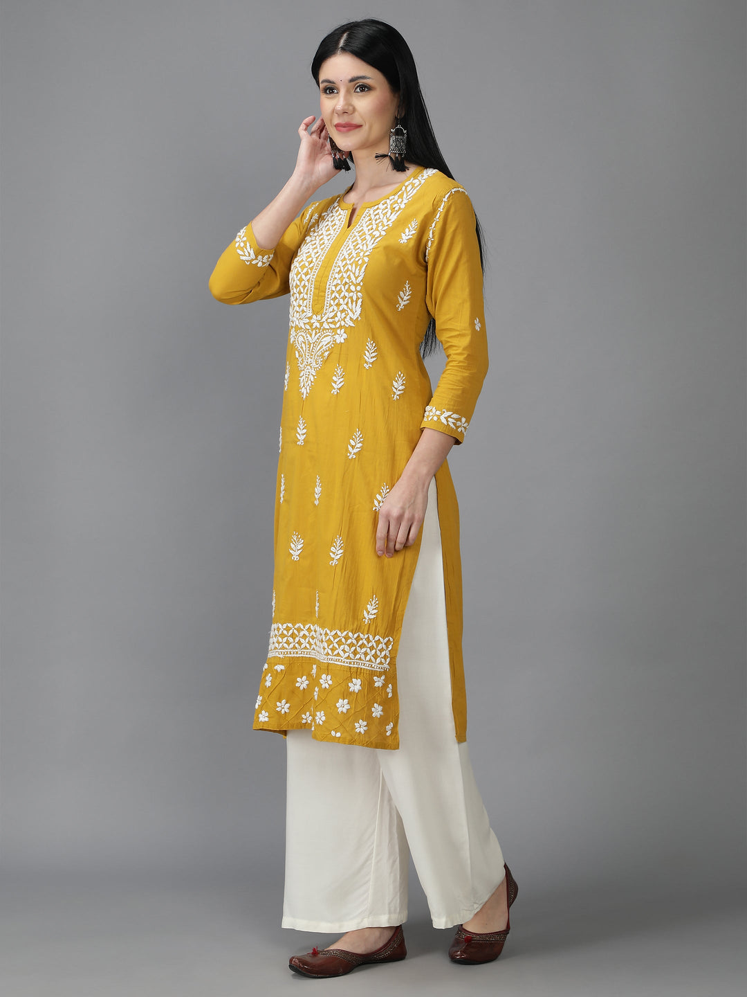 Mustard-&-White-Cotton-Chikan-Straight-Kurta
