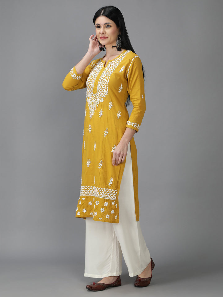 Mustard-&-White-Cotton-Chikan-Straight-Kurta