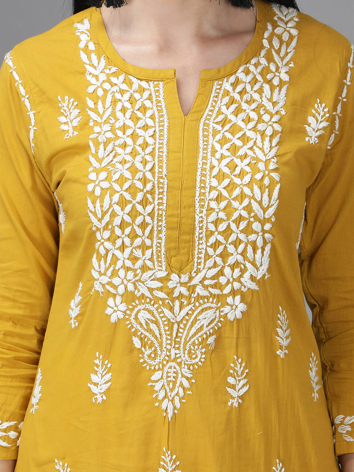 Mustard-&-White-Cotton-Chikan-Straight-Kurta