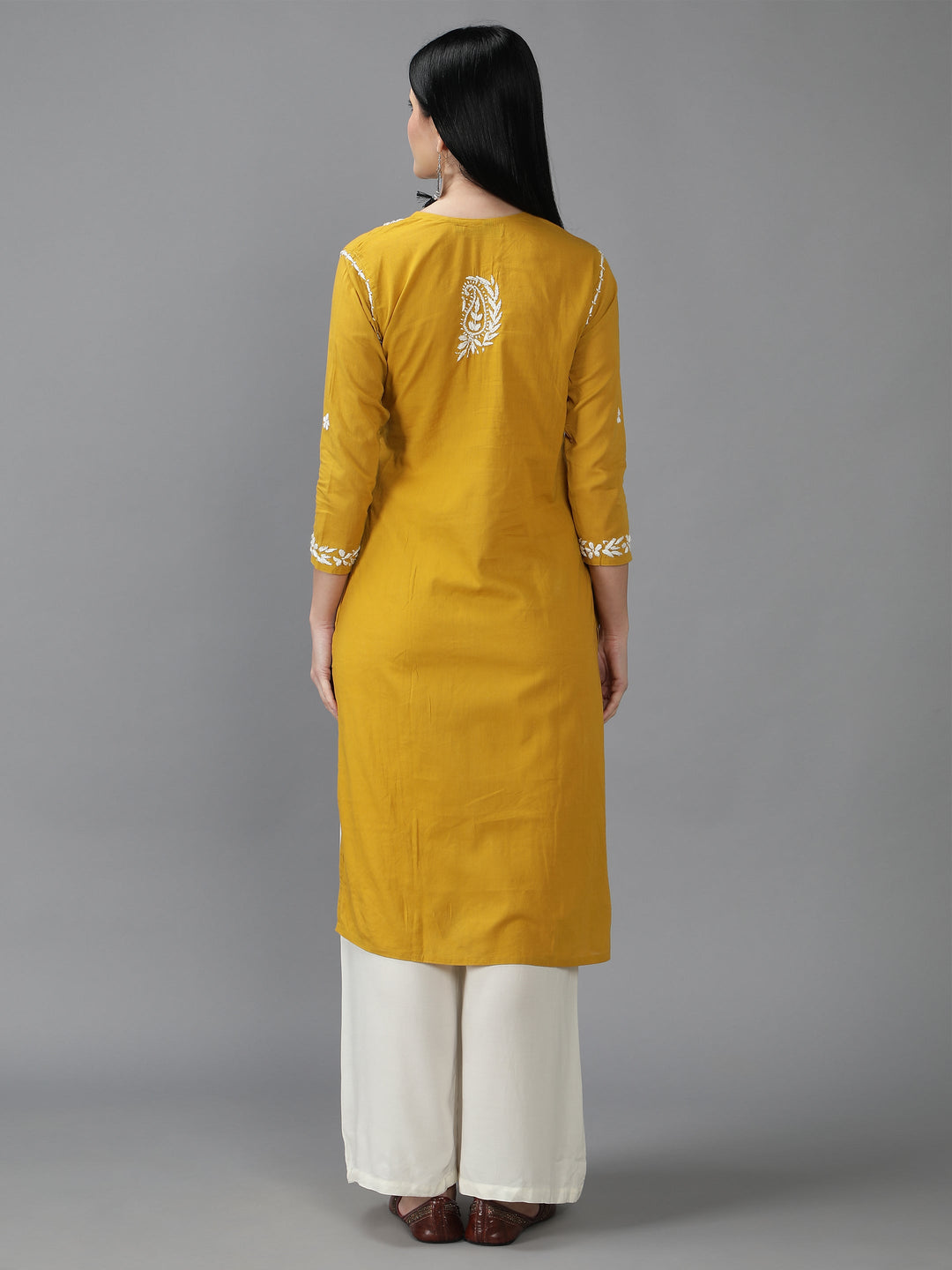 Mustard-&-White-Cotton-Chikan-Straight-Kurta
