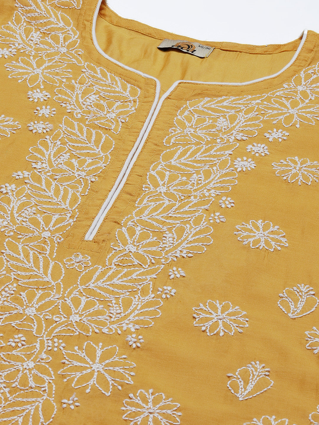 Mustard & White Embroidered Chikankari Chanderi Kurta