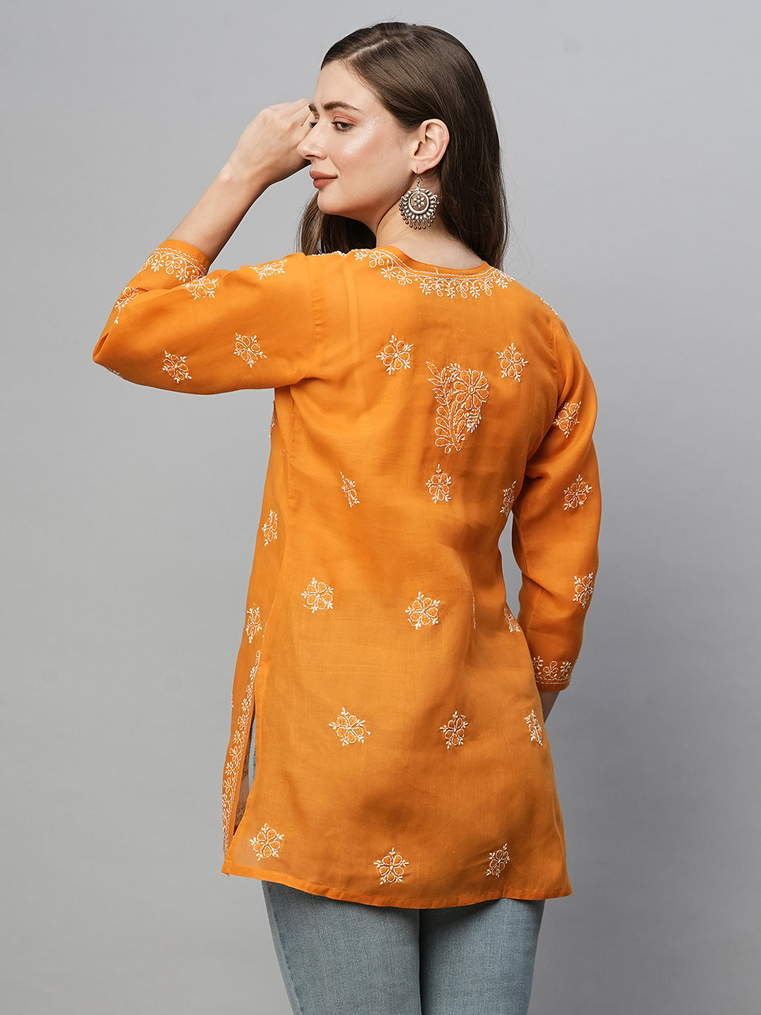 Mustard & White Floral Bale Booti Chikankari Tunic Top