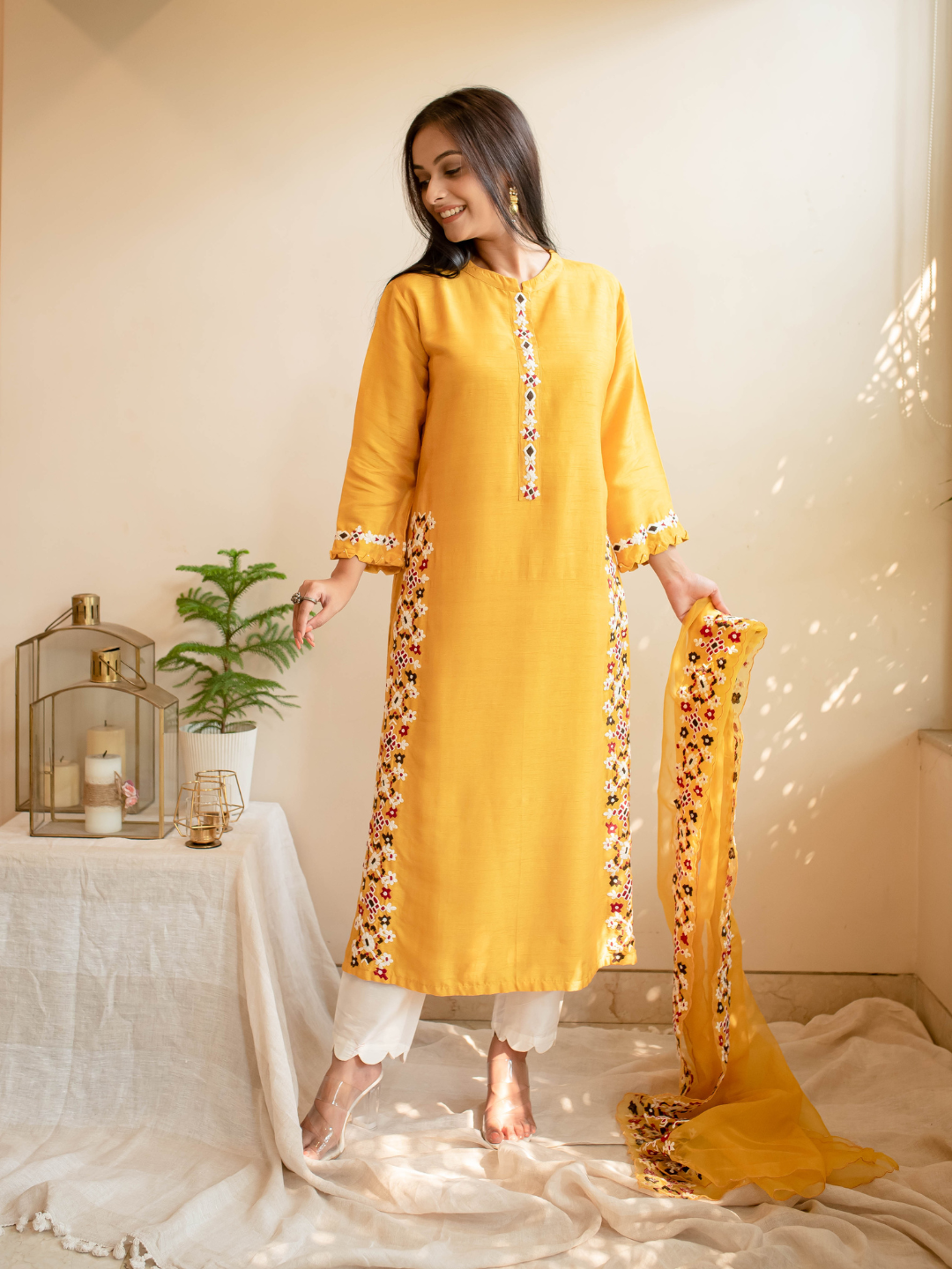 Mustard-&-White-Silk-Ikkat-Thread-Embroidered-Kurta-Set