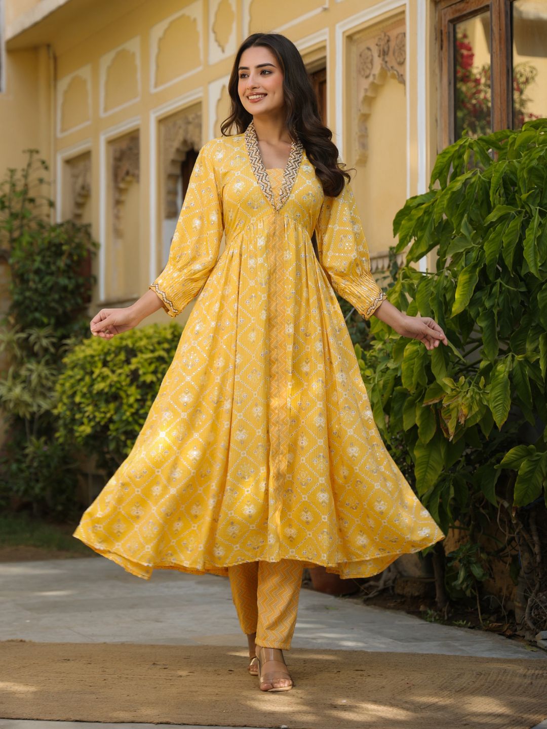 Muthalaa-Yellow-Rayon-Anarkali-Kurta-&-Pant