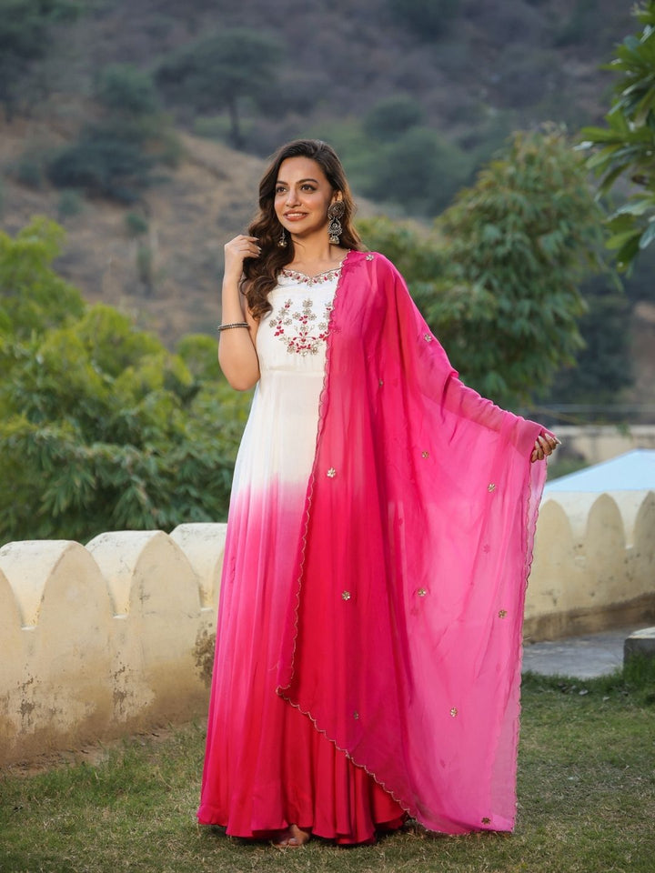 Nadra-White-&-Pink-Ombre-Gown-With-Dupatta
