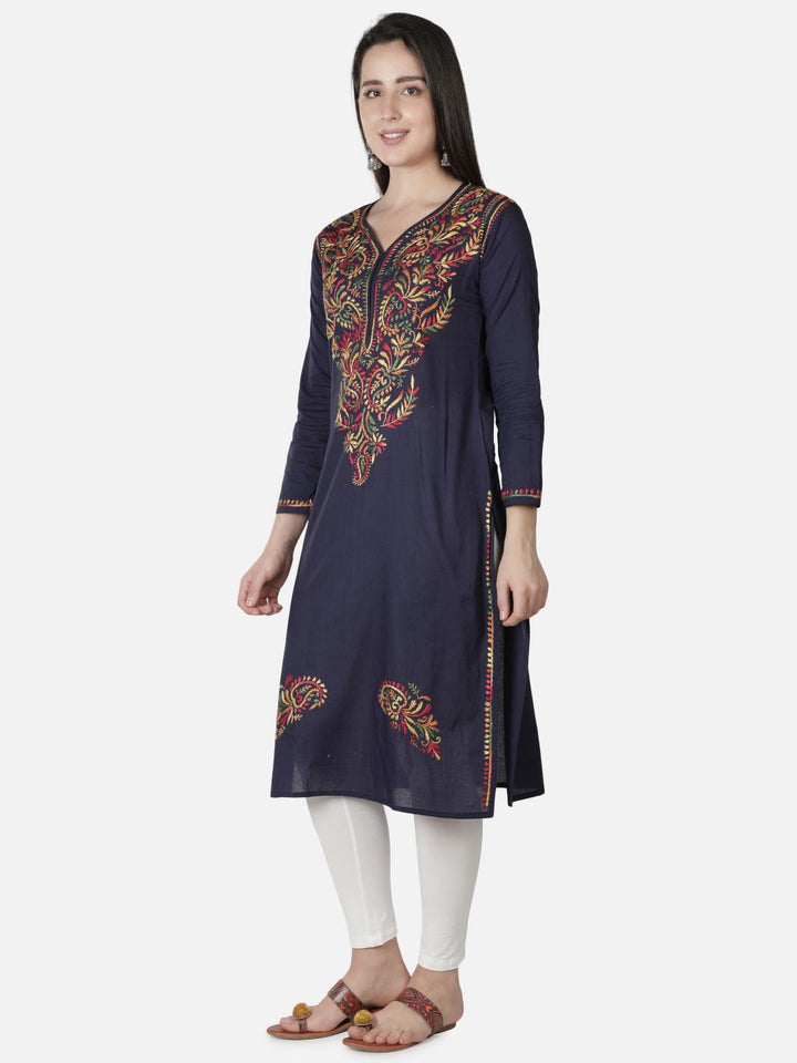 Navy-Blue-Cotton-Lucknowi-Chikan-Kurti