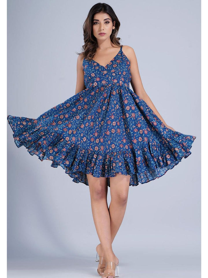 Navy Blue Floral Printed Short Strappy Dress
