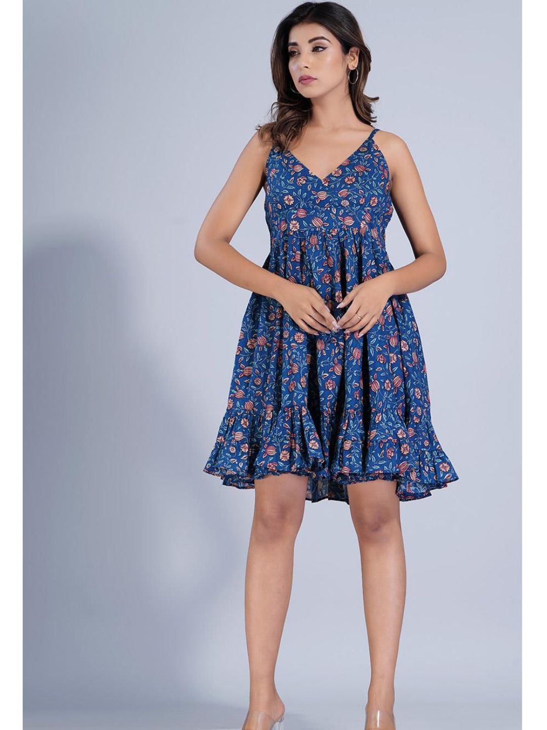 Navy Blue Floral Printed Short Strappy Dress