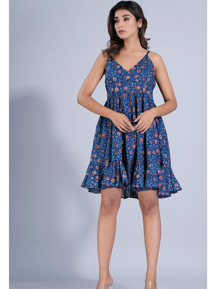 Navy Blue Floral Printed Short Strappy Dress