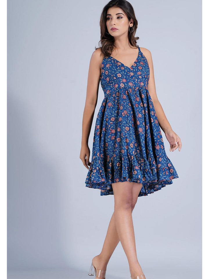 Navy Blue Floral Printed Short Strappy Dress