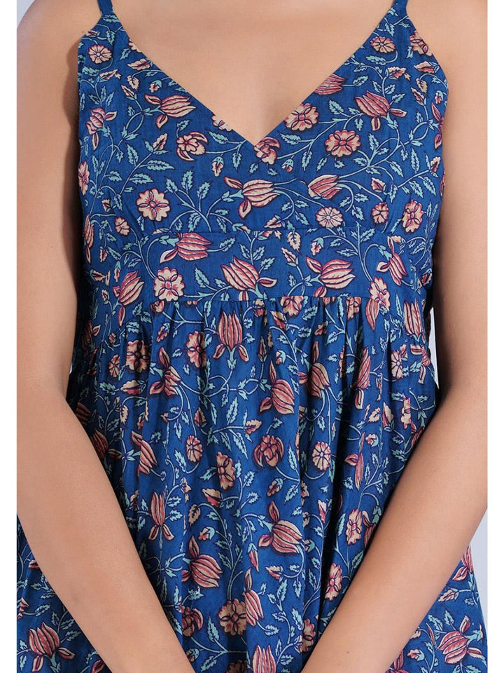 Navy Blue Floral Printed Short Strappy Dress
