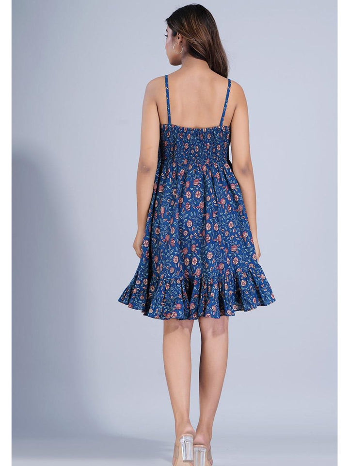 Navy Blue Floral Printed Short Strappy Dress