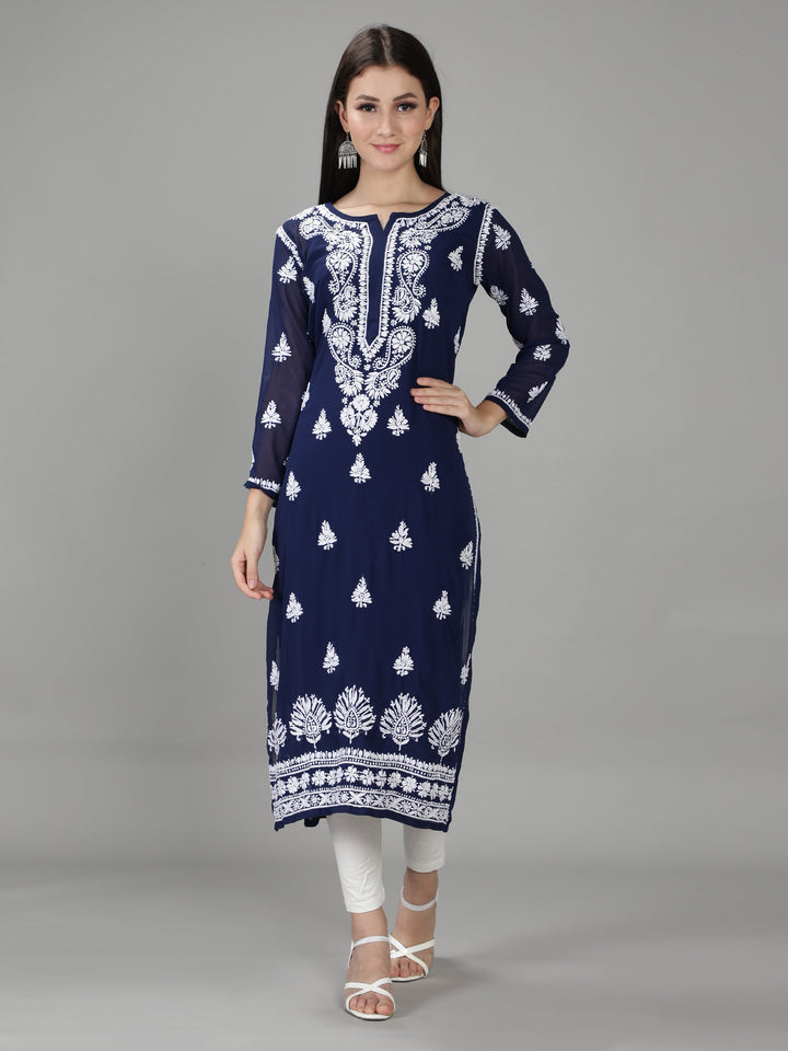 Navy Blue Georgette Chikan Kurta & Inner Slip