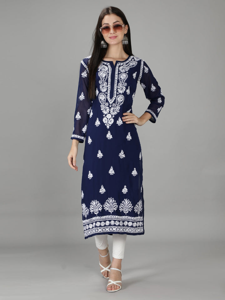Navy Blue Georgette Chikan Kurta & Inner Slip