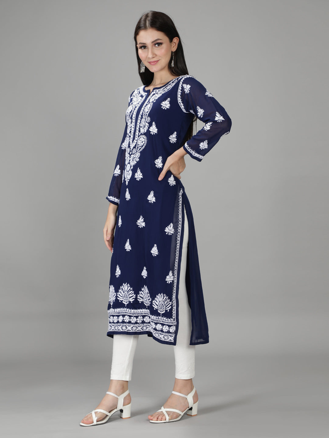Navy Blue Georgette Chikan Kurta & Inner Slip