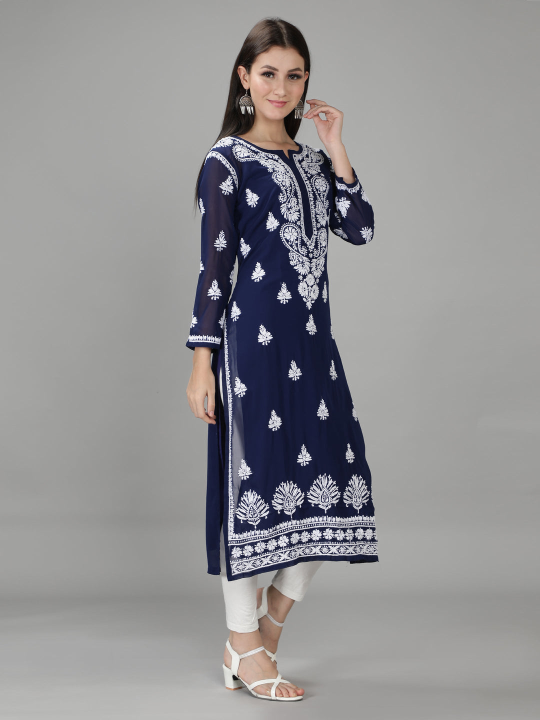 Navy Blue Georgette Chikan Kurta & Inner Slip