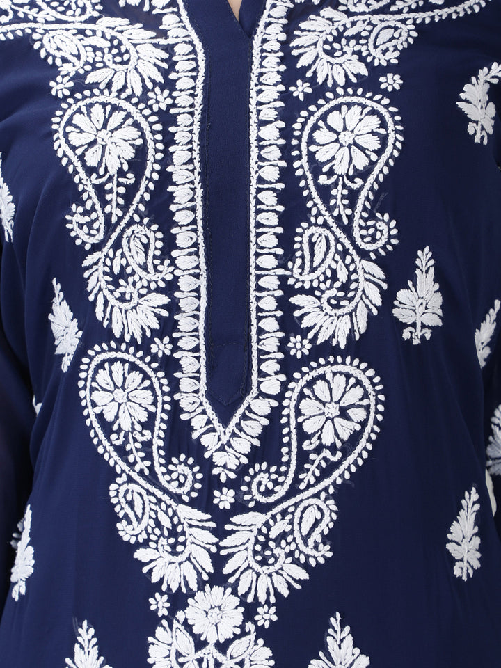 Navy Blue Georgette Chikan Kurta & Inner Slip