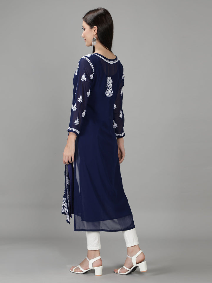 Navy Blue Georgette Chikan Kurta & Inner Slip