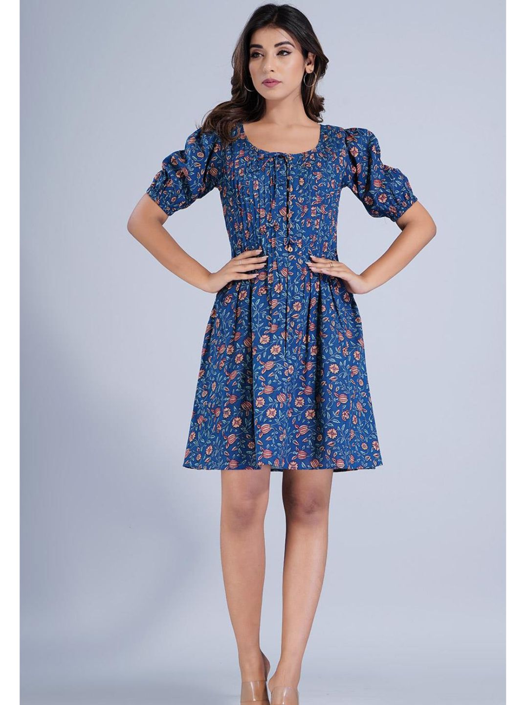 Navy Blue Printed Buttoned Short Pleat Dress