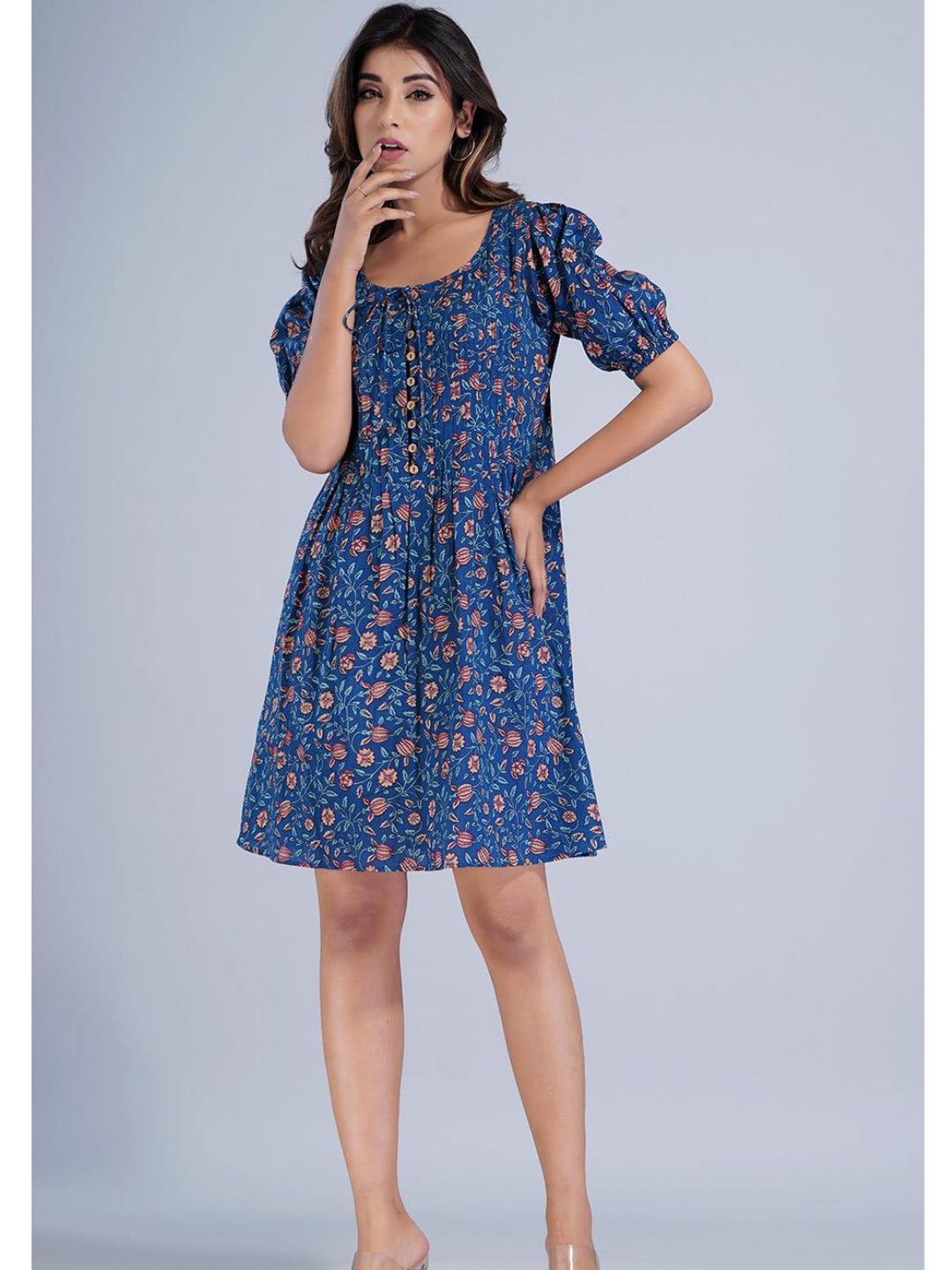 Navy Blue Printed Buttoned Short Pleat Dress