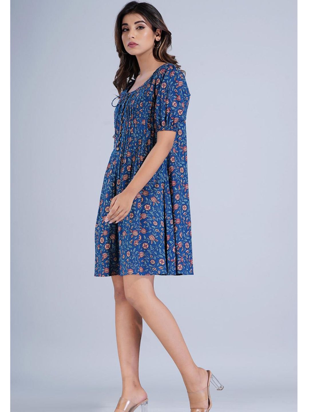Navy Blue Printed Buttoned Short Pleat Dress