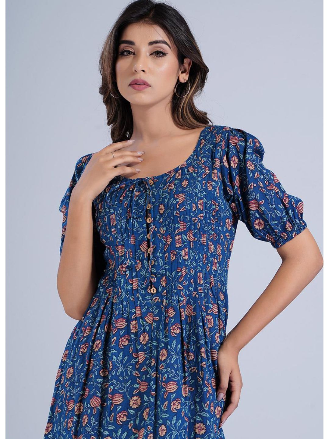 Navy Blue Printed Buttoned Short Pleat Dress