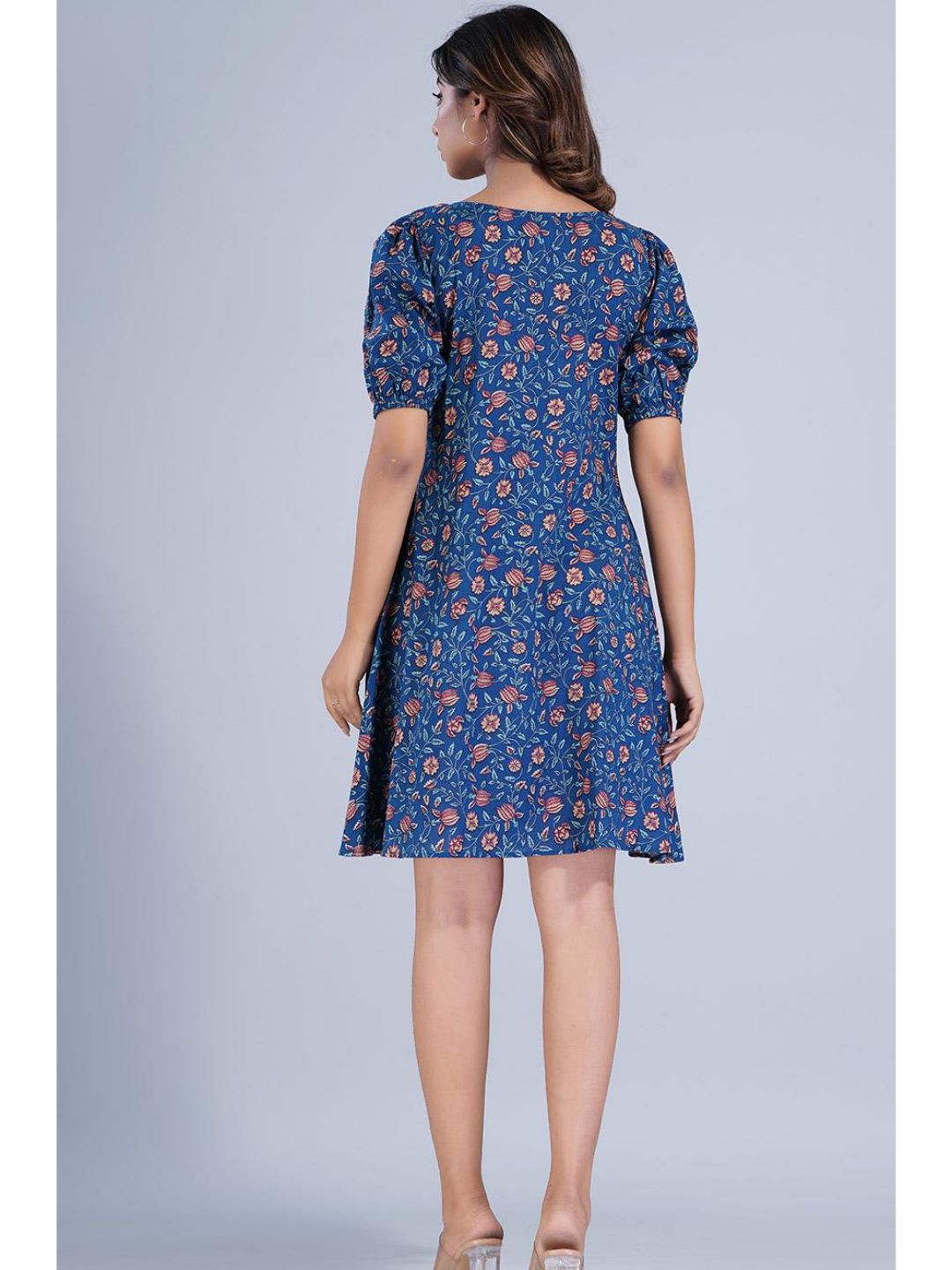 Navy Blue Printed Buttoned Short Pleat Dress