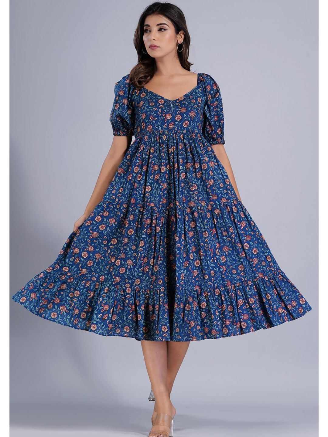Navy Blue Printed Gather Dress with Deep Back