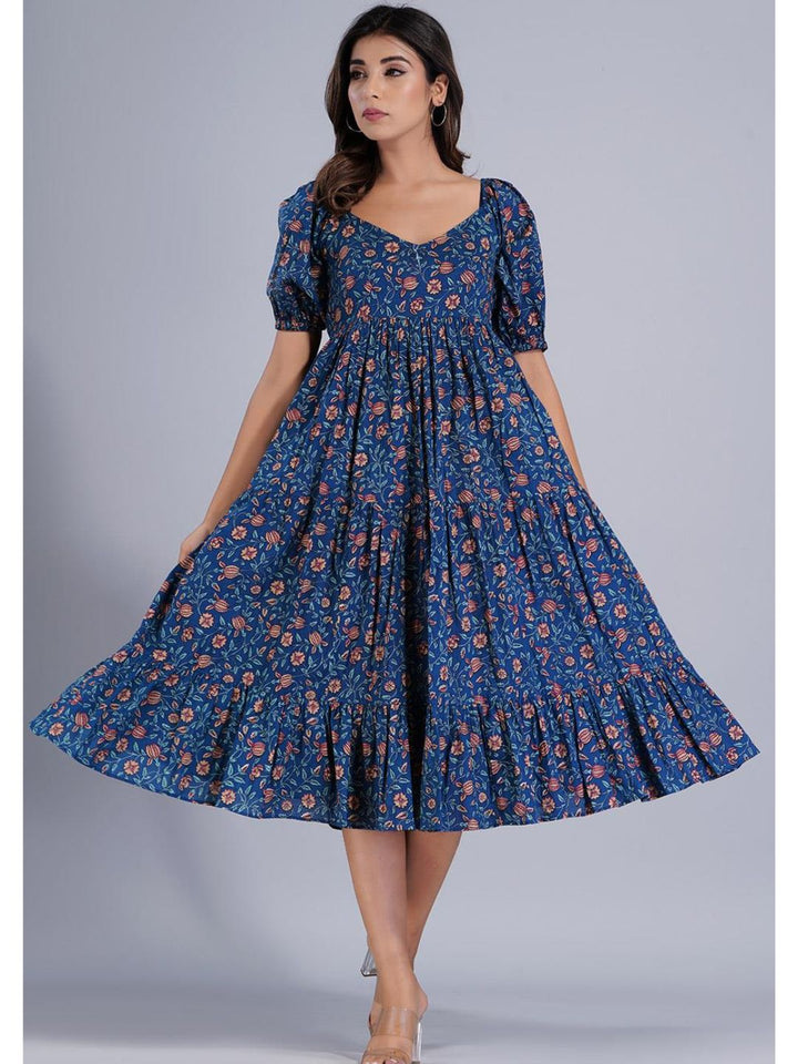 Navy Blue Printed Gather Dress with Deep Back