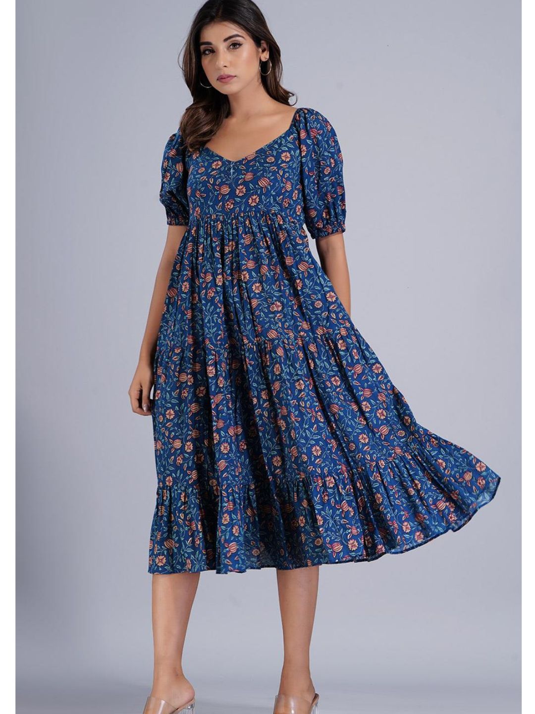 Navy Blue Printed Gather Dress with Deep Back