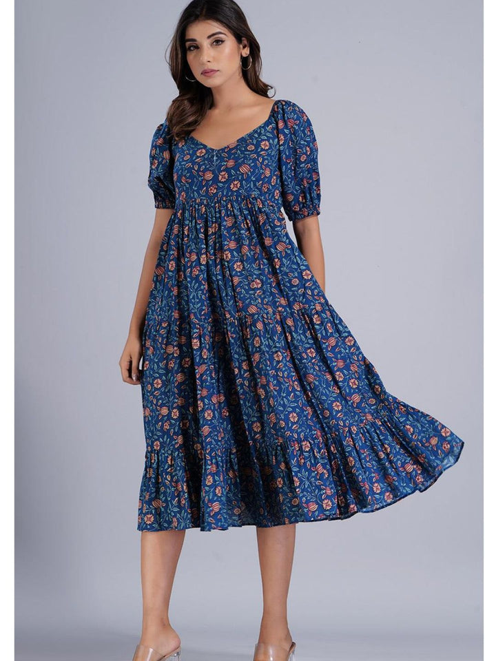Navy Blue Printed Gather Dress with Deep Back
