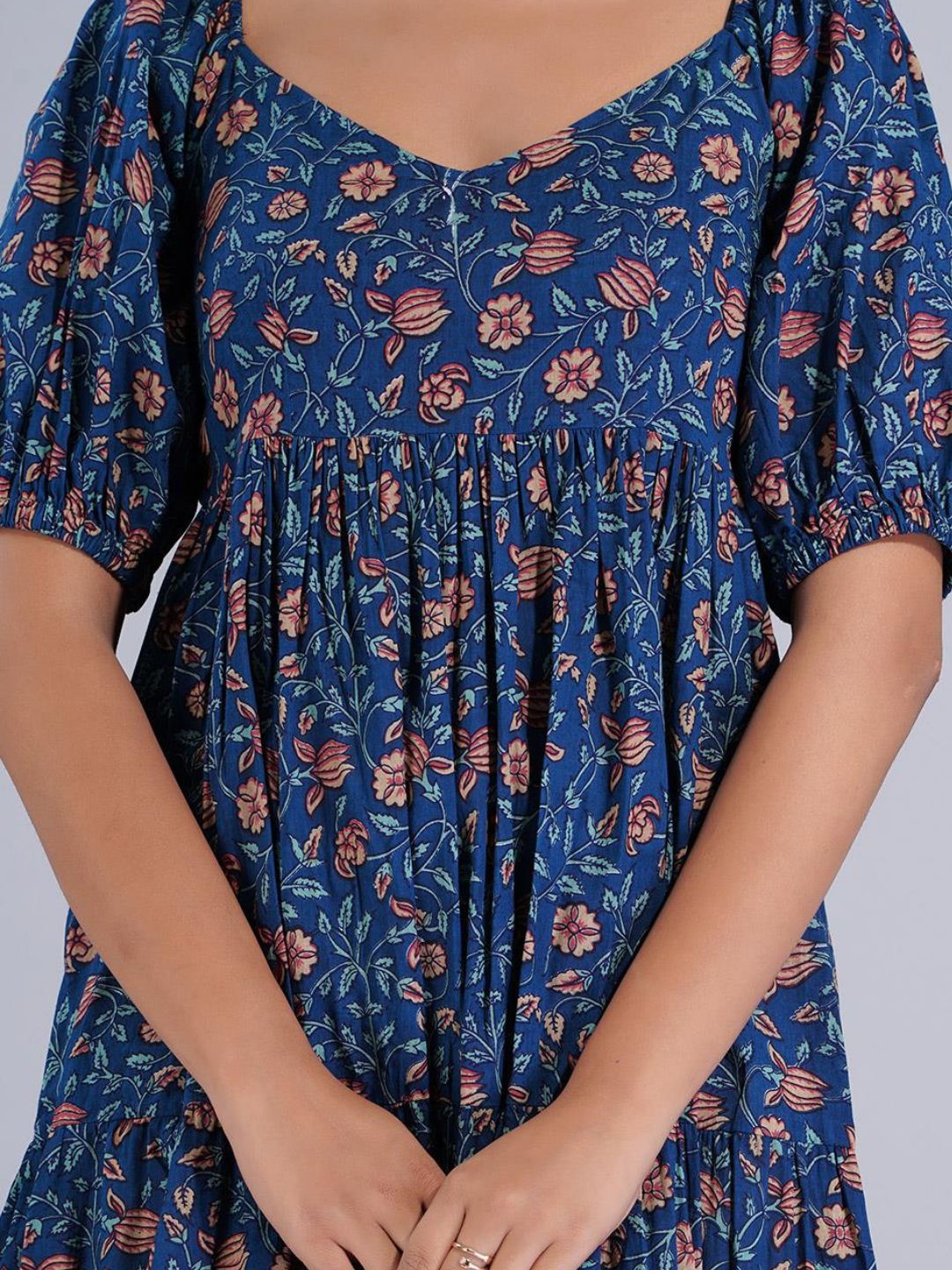 Navy Blue Printed Gather Dress with Deep Back