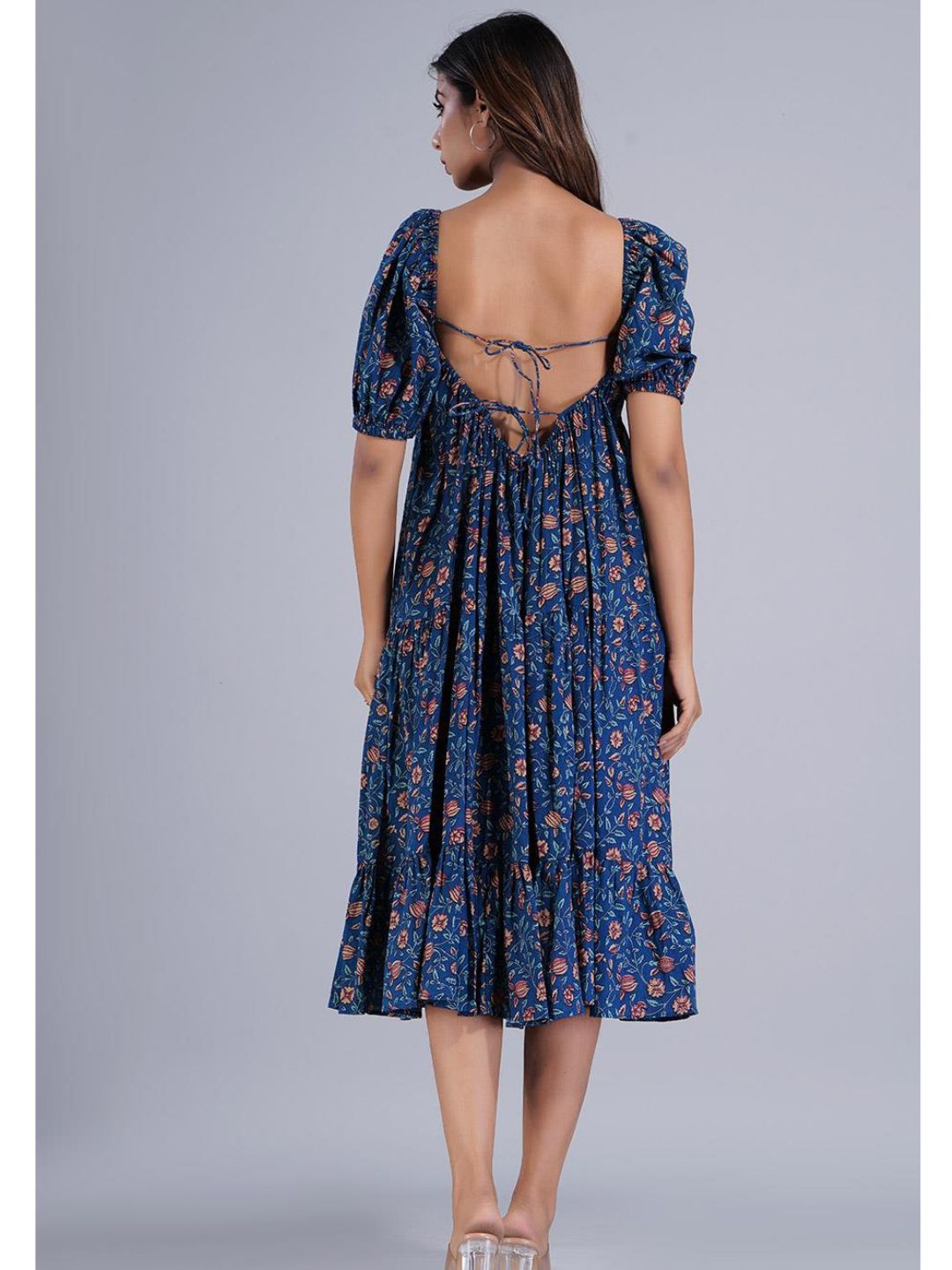 Navy Blue Printed Gather Dress with Deep Back