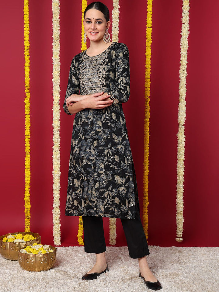 ZERESOUQ-Navy-Blue-Silk-Blend-Floral-Printed-Straight-Kurta