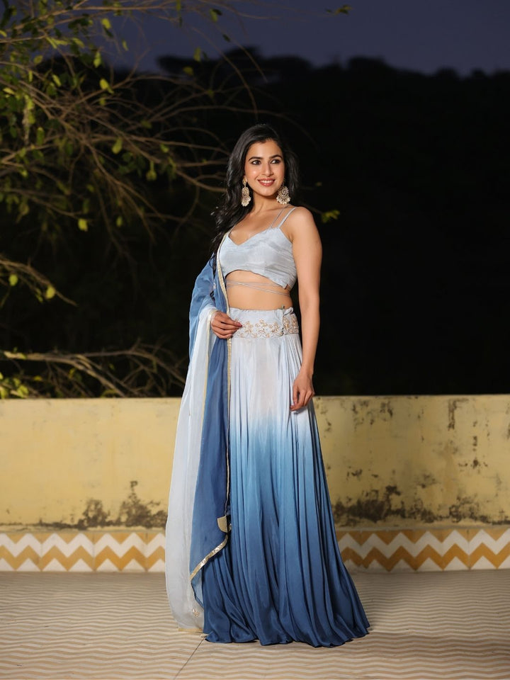 Neelma-White-&-Blue-Ombre-Muslin-Lehenga-Set