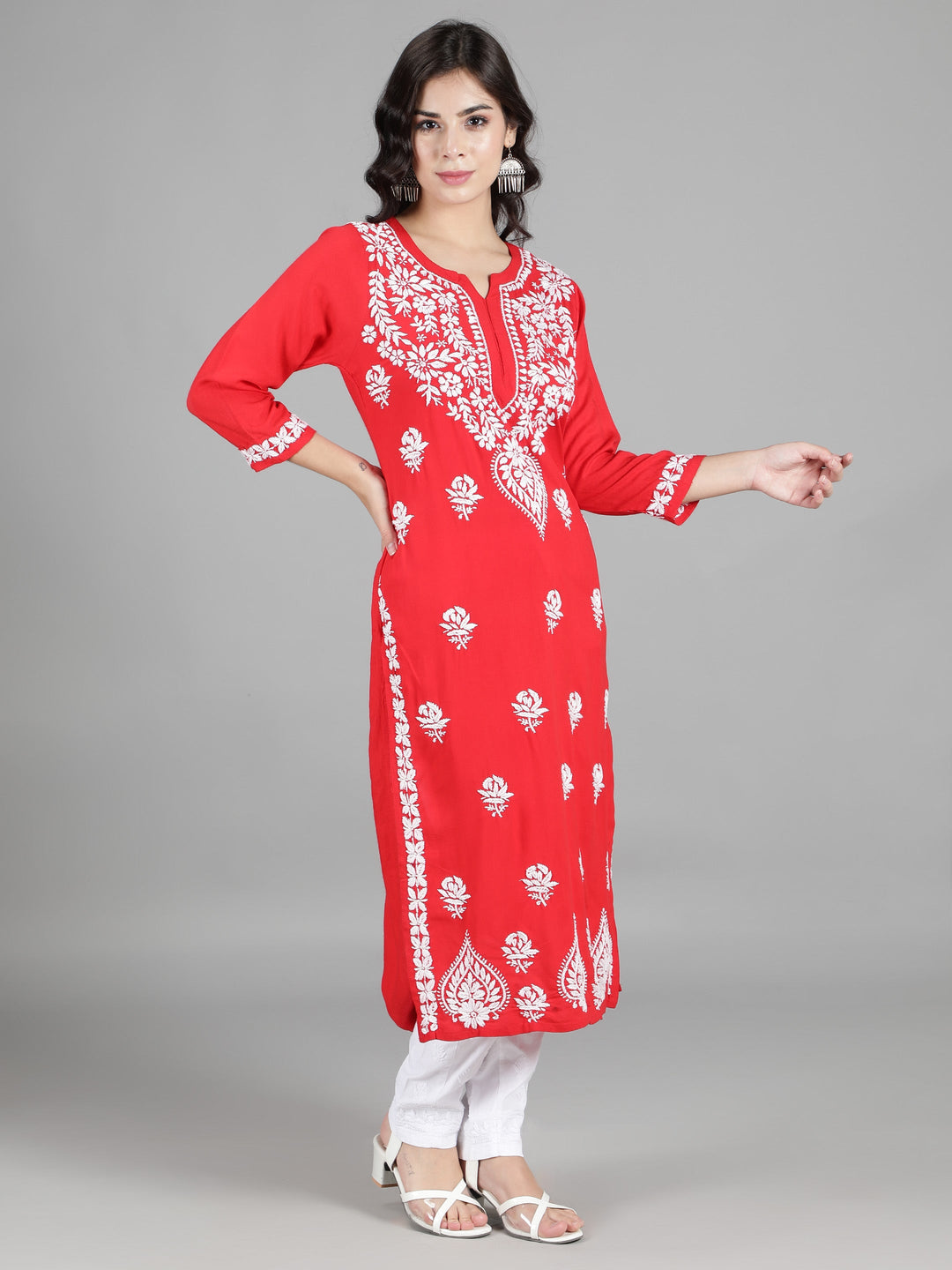 Neon Red Cotton Chikankari 2-Piece Kurta Set