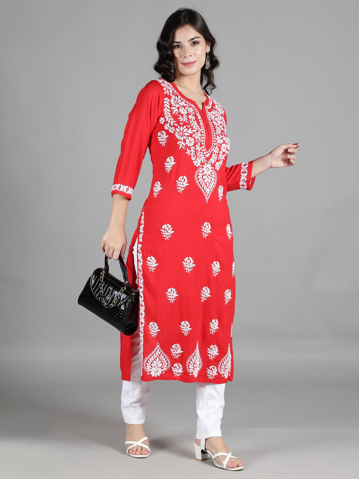 Neon Red Cotton Chikankari 2-Piece Kurta Set
