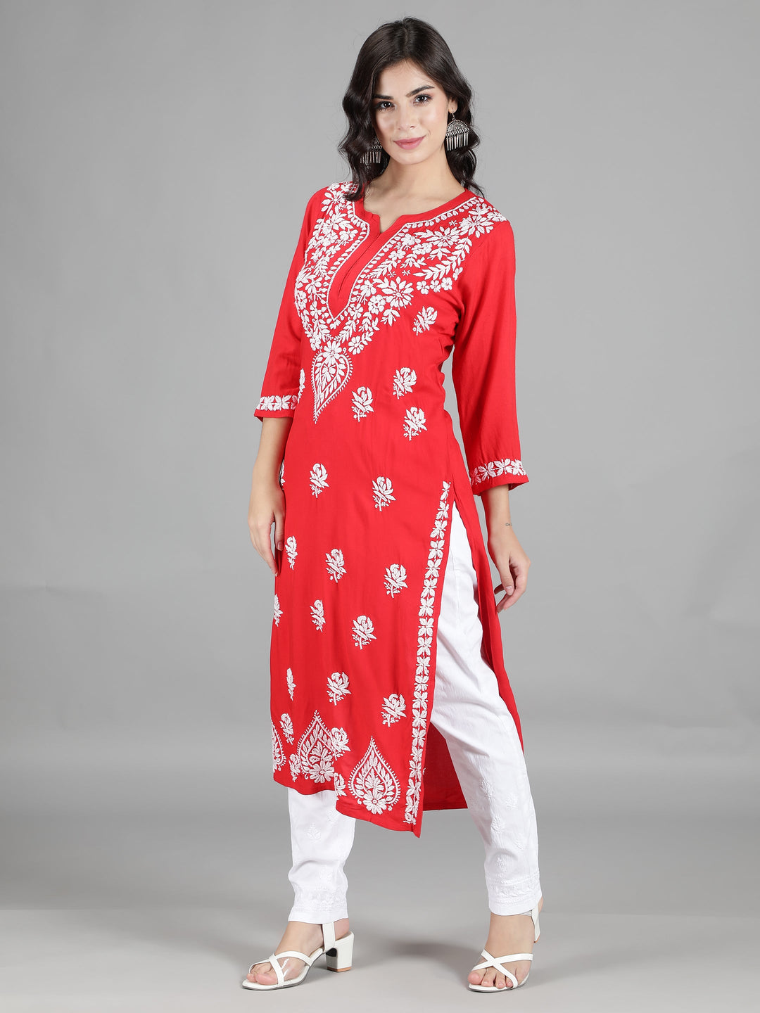 Neon Red Cotton Chikankari 2-Piece Kurta Set