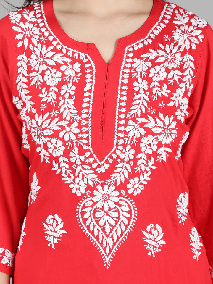 Neon Red Cotton Chikankari 2-Piece Kurta Set